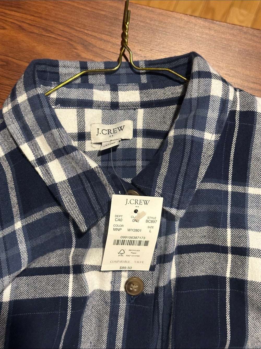 J. Crew Navy and White Plaid Button-Down Shirt Women’s Size L - Picture 2 of 4